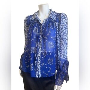 Free People “Serena” Blue Tie Front Button Up Blouse with Notched Collar